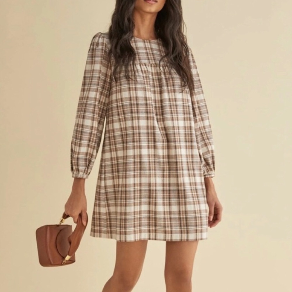 Reformation Plaid Mini Dress in Cream and Brown